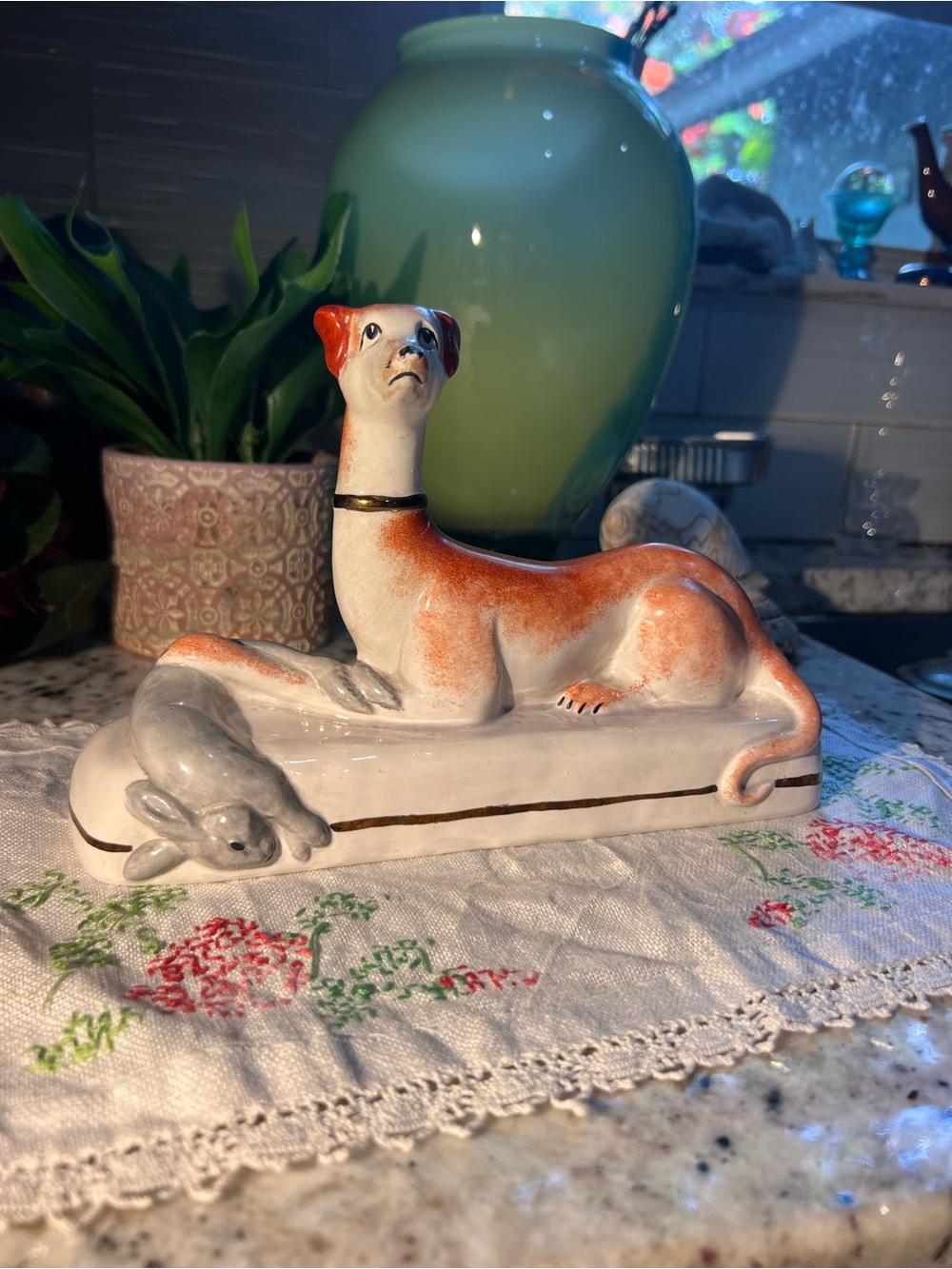 Vtg Ceramic Hunting Greyhound w/Rabbit View Each Photo